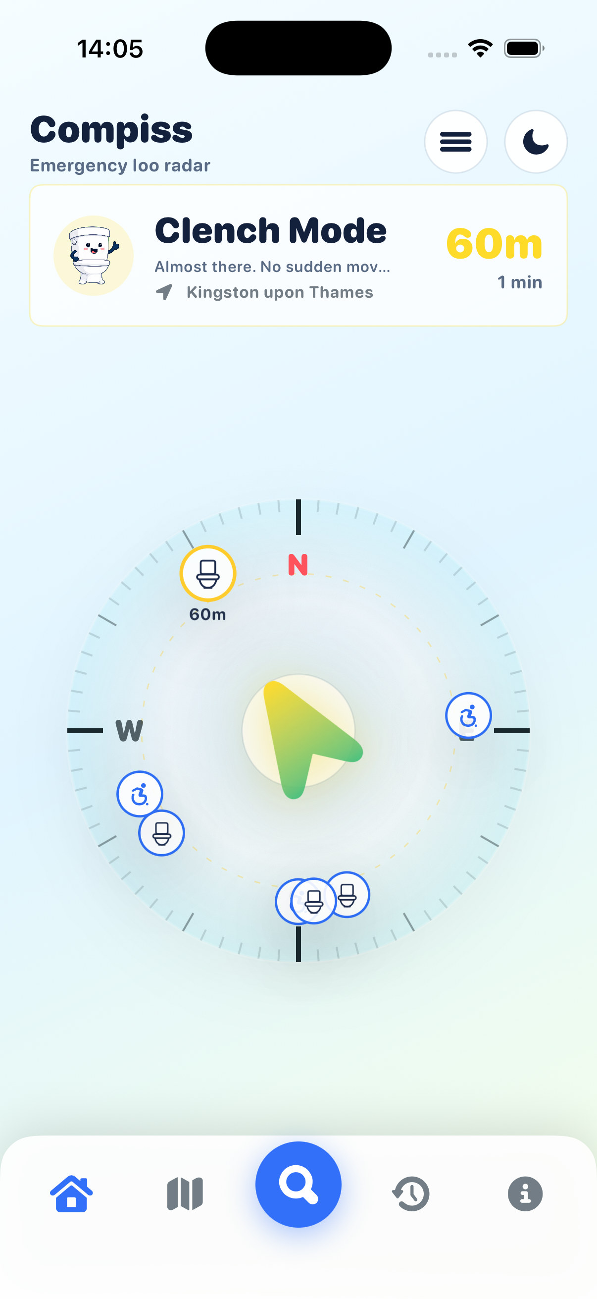 Compiss compass screen with an arrow pointing to the nearest toilet