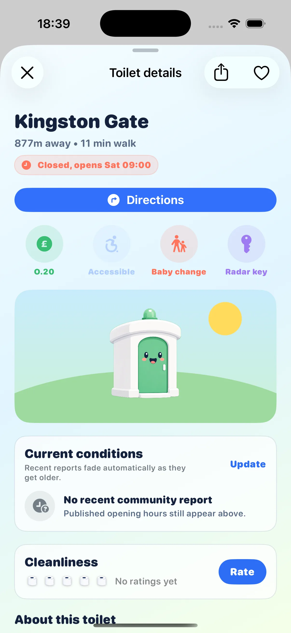 Compiss toilet details showing facilities, live community conditions and cleanliness ratings