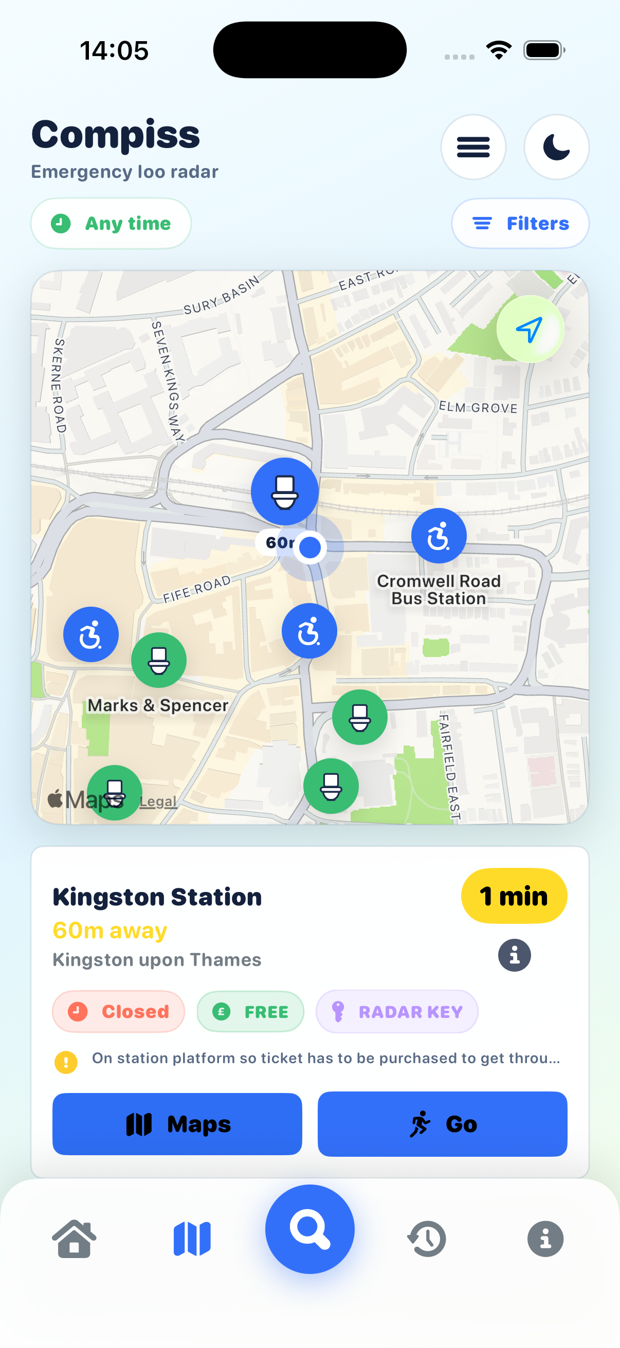 Compiss map view showing nearby toilets